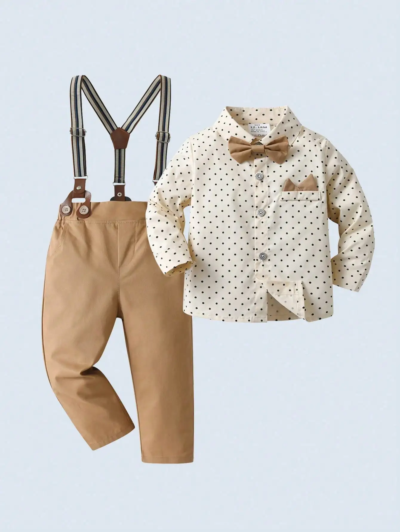 

Комплект из 2 предметов для маленьких мальчиков: рубашка в горошек с галстуком-бабочкой и брюки на подтяжках