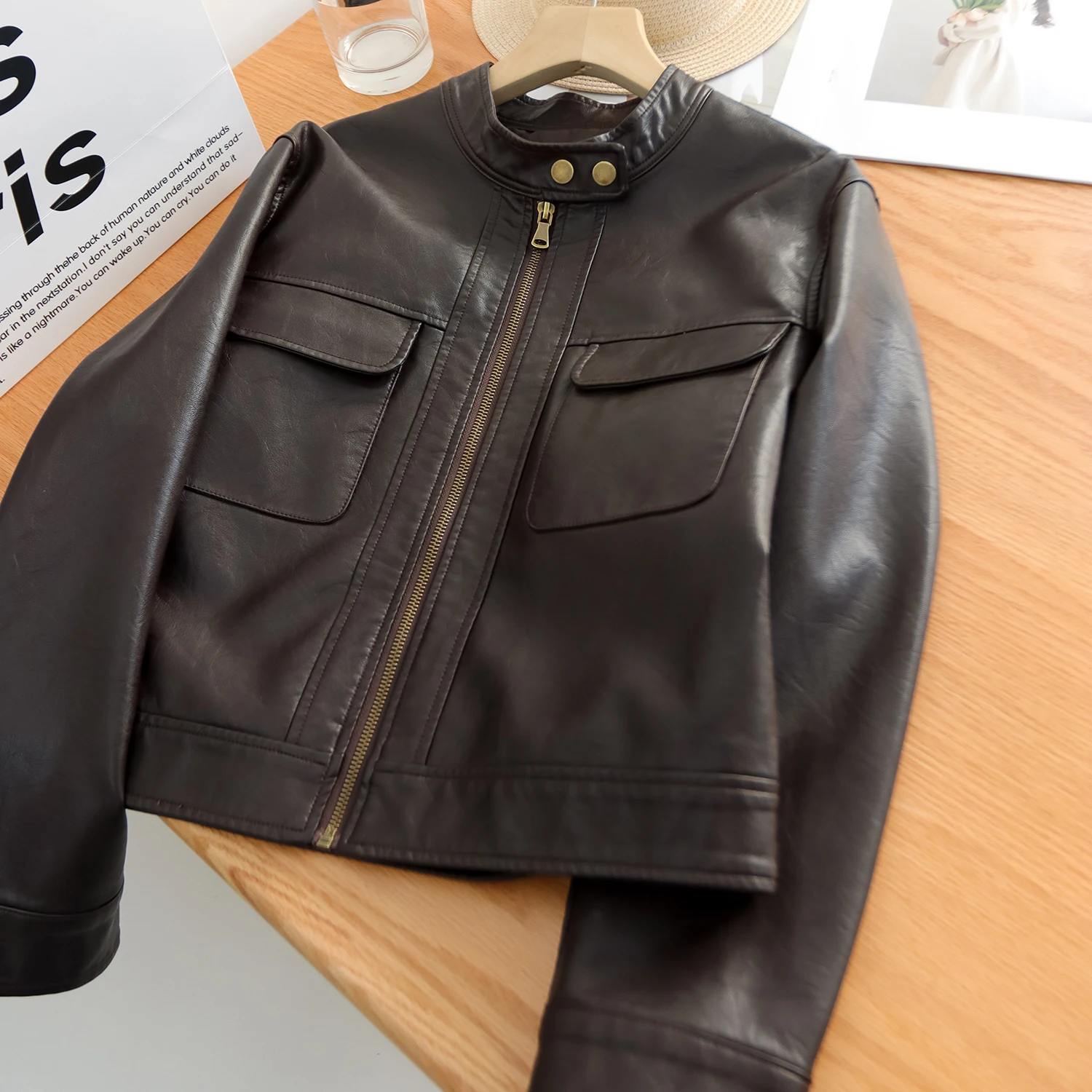 Women’s PU Leather Zip Jacket — Slim Cropped Faux‑Leather Coat with Stand Collar & Flap Pockets