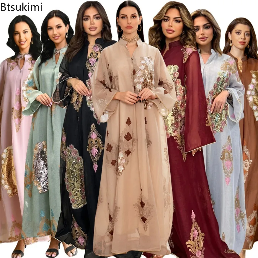 

Mesh Sequins Embroidered Maxi Dresses for Women Middle East Arab Party Gown Dubai Muslim Abayas Moroccan Kaftan Elegant Vestidos