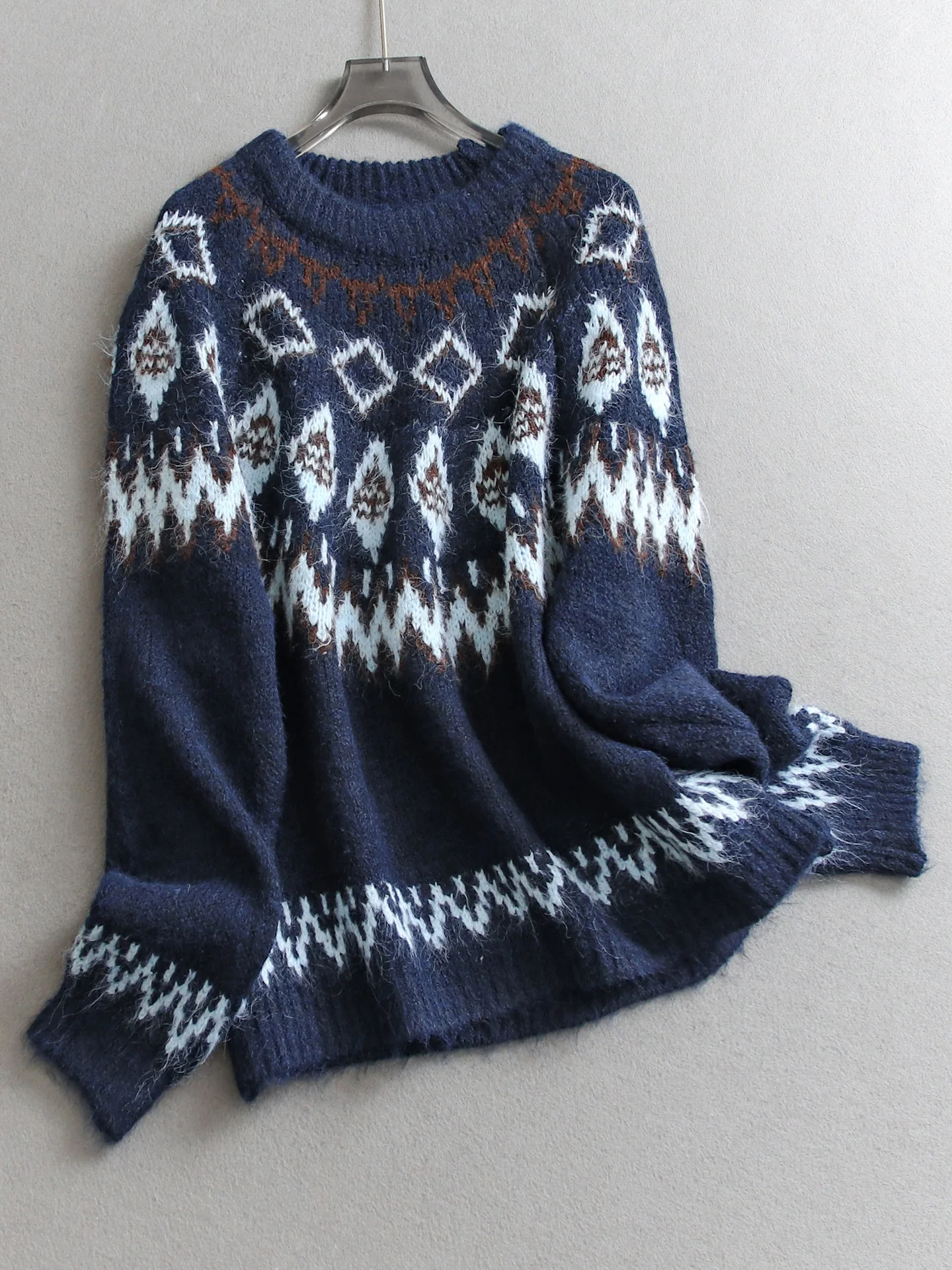 سترة محبوكة طويلة من Color Blo Retro Fair Isle سترة دائرية Ne بلوفر ناعم صديق للبشرة ملابس تريكو شتوية غير رسمية للنساء