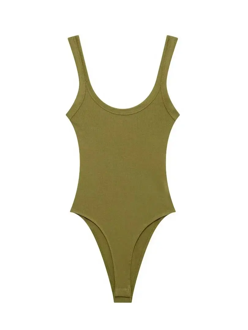 Bodysuit com nervuras XNWMNZ para mulheres, gola redonda, alças largas, botão snap inferior, bodysuit feminino versátil, moda retrô, 2024