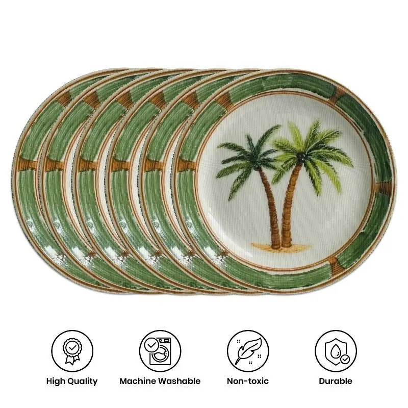 VIKAMA Retro Green Edge Palm Tree Round Table Mat Thermal Insulation Fabric Table Mat Tropical Vacation Style Table Decoration
