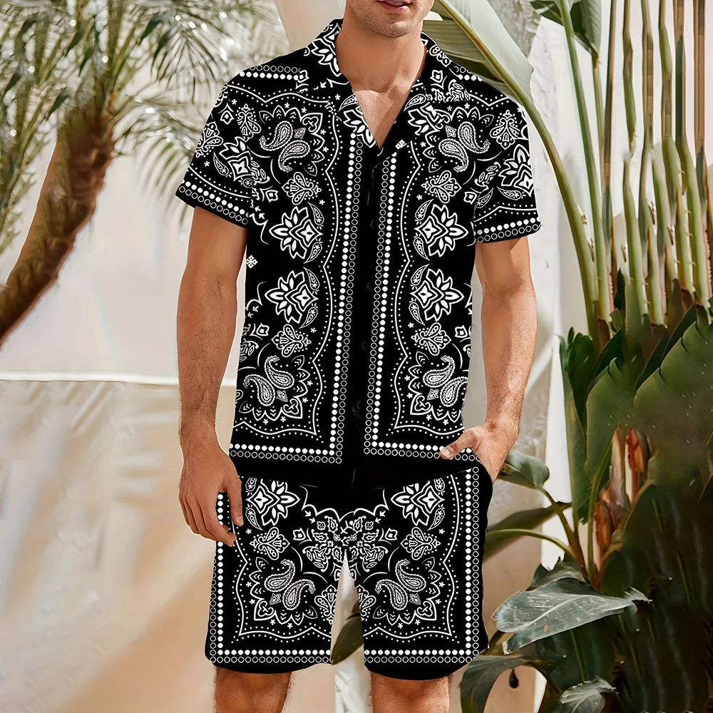 Plus Size Men's Button Down Shirt Shorts 2 Piece Set Simple Solid Color Heart Logo Shirt Elastic Waist Drawstring Shorts Pockets