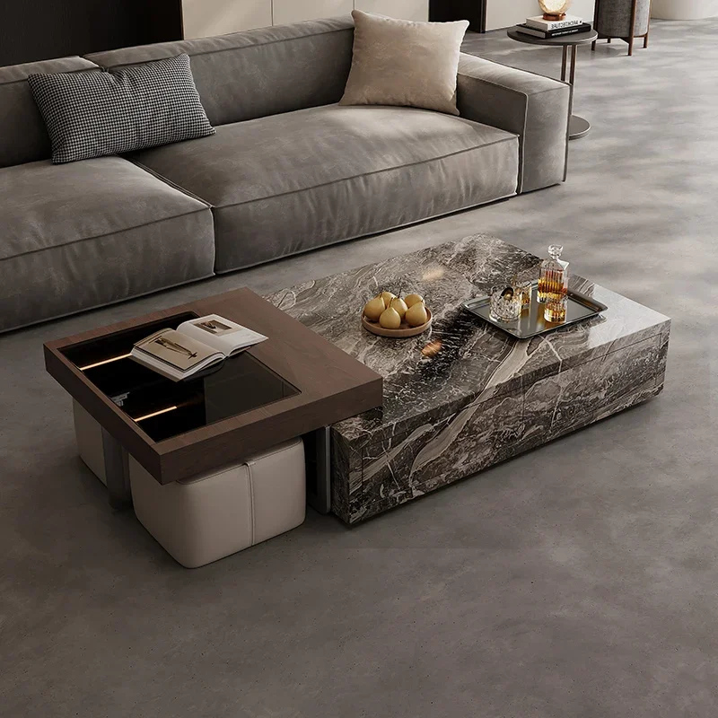 

Home Living Room Furniture Desk Square Luxury Modern Wooden Italian Minimalist Rock Slab Coffee Tables Side Table Sedentary