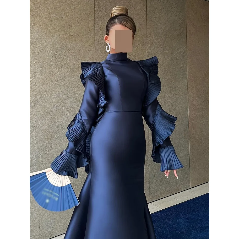 

Navy Evening Dress High Neck Long Sleeves Women's Evening Gown Elegant Ruffles Long Sleeves Formal Party Dresses Customized