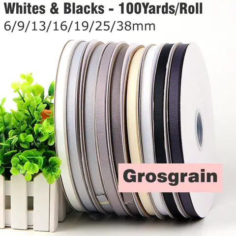 100Yards 6/9/13/16/19/25/38mm White Black Grosgrain Ribbon High Quality 100% Polyester Fabric Ribbon for Crafts Hair Bows Making