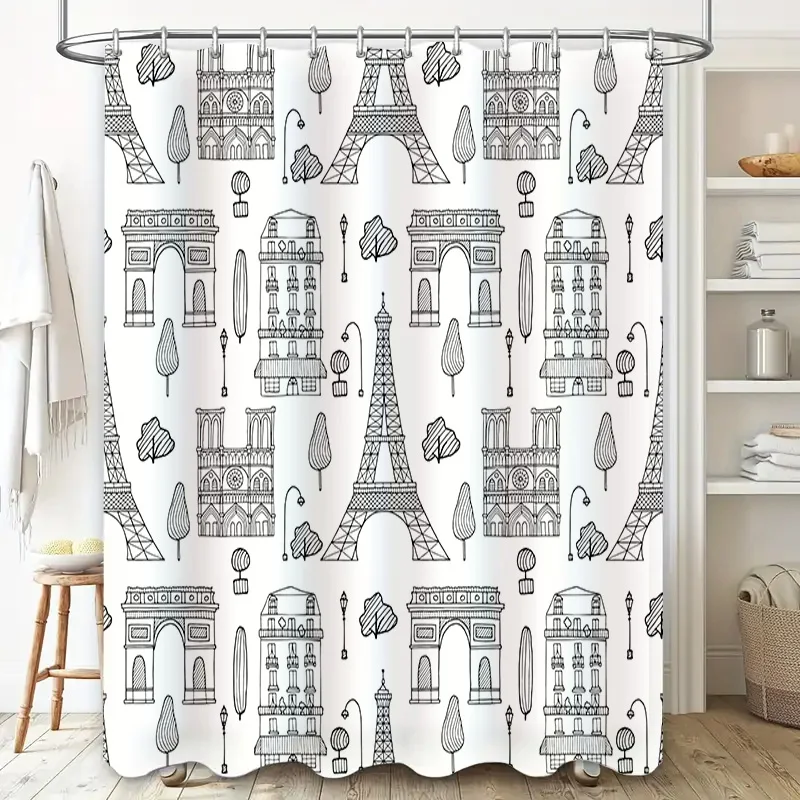 Vintage Parisian Sketch Shower Curtain featuring Eiffel Tower, Notre Dame Cathedral Arc de Triomphe Black White Decor for Bathro