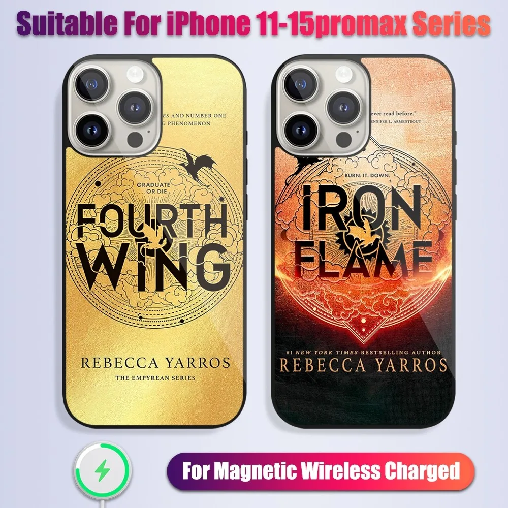 Books F-Fourth Wing Iron F-Flame Phone Case For iPhone 13 14 15 11 12 Pro Max Plus Glass Charging Magsafe Magnetic Cover