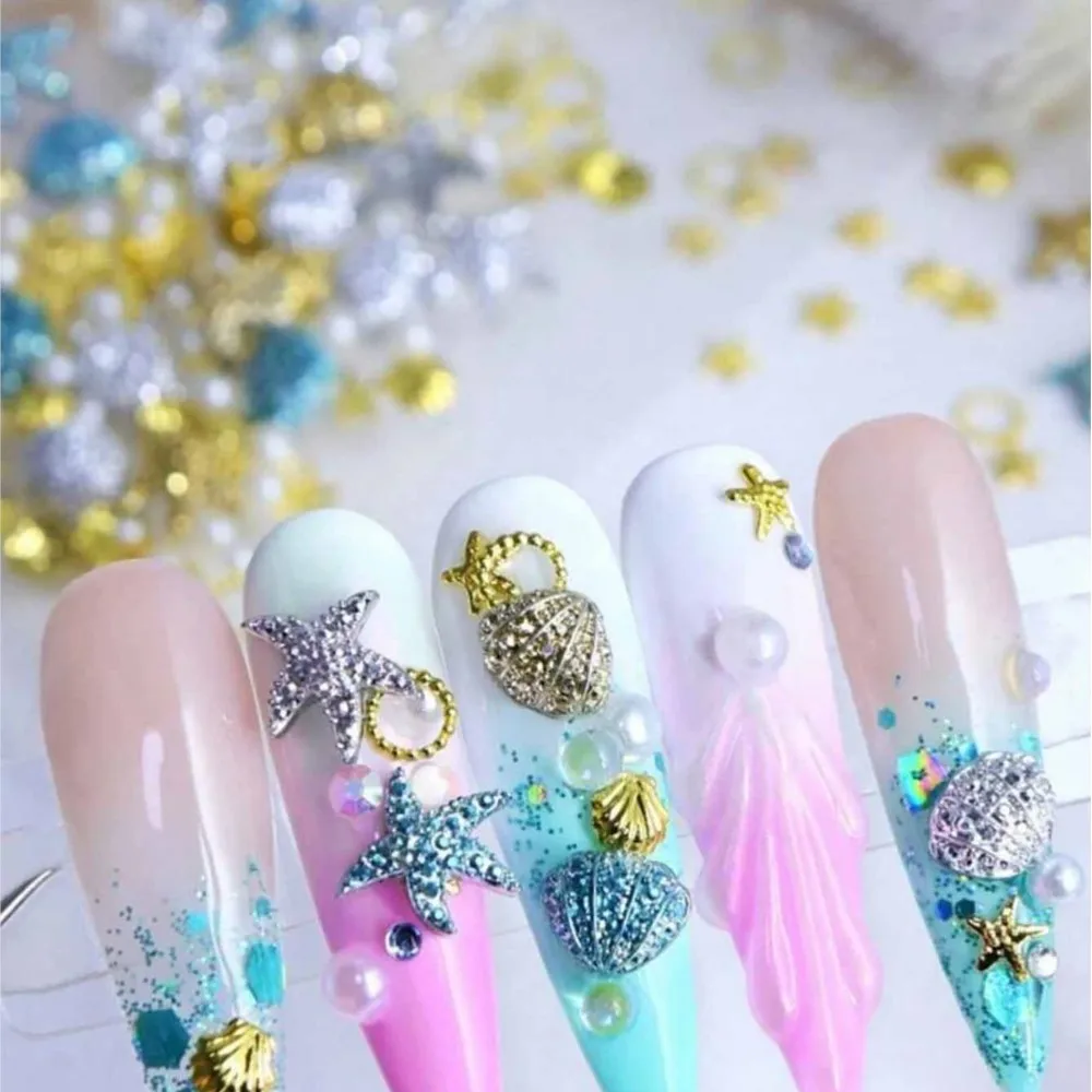 1Bag Summer Ocean Rivet Studs Nail Charms Starfish Sea Shells Metal Rivets Mixed Pearl Beads Nail Art Decoration DIY Women Salon