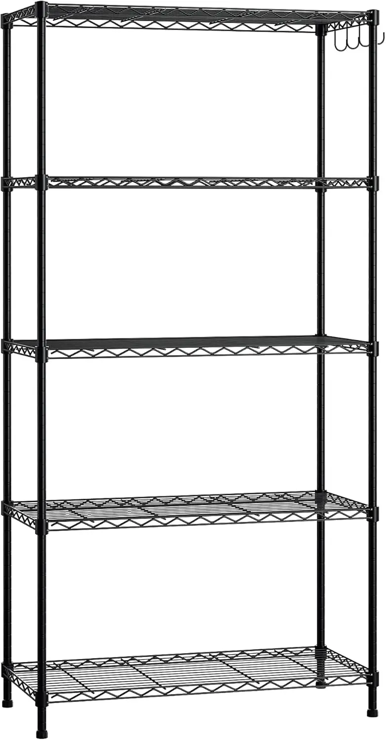 

kpro Storage Shelves, 5 Tier Metal Shelving Unit, Garage Wire Rack, Standing Adjustable Shelves With Hooks For Pantry Closet