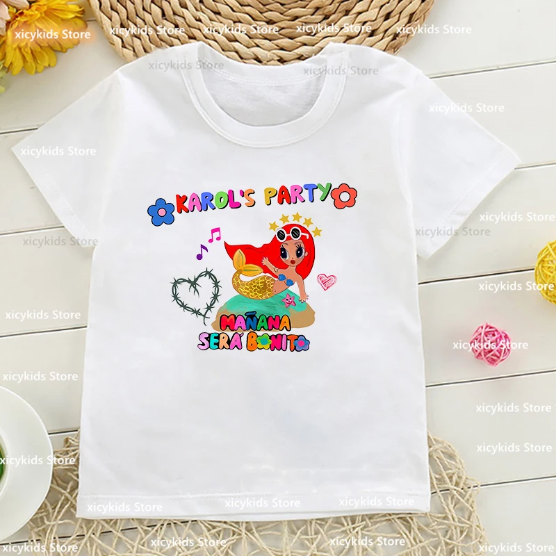 Camiseta con estampado gráfico de Karol G Bichota para niña, ropa de moda Harajuku para niña, Top de manga corta de verano, venta al por mayor
