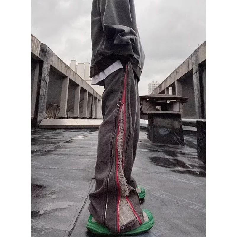 LIBIELIY أربعة مواسم الرجال فضفاض وهمية سستة مخطط رمادي الجينز المظلة السراويل شارع العليا التجفيف السريع العصرية واسعة الساق Dnim P