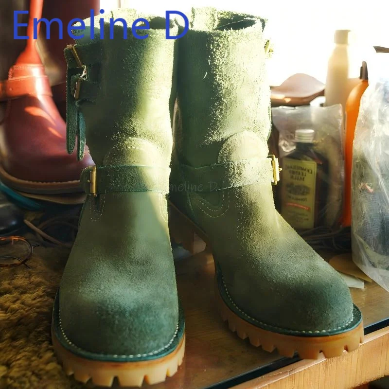 العسكرية الخضراء الجلد المدبوغ فارس الأحذية الرجعية مشبك معدني تصميم دراجة نارية الأحذية للرجال جولة تو منتصف الكعب أحذية قصيرة الساق #3