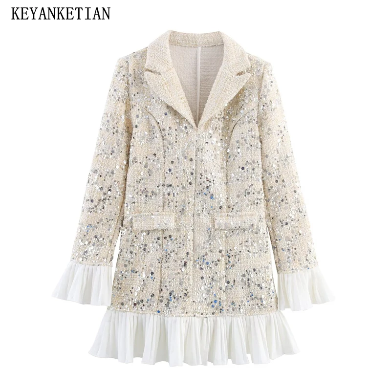 

KEYANKETIAN осенне-зимнее новое женское модное темпераментное плиссированное шерстяное платье с воротником и пайетками