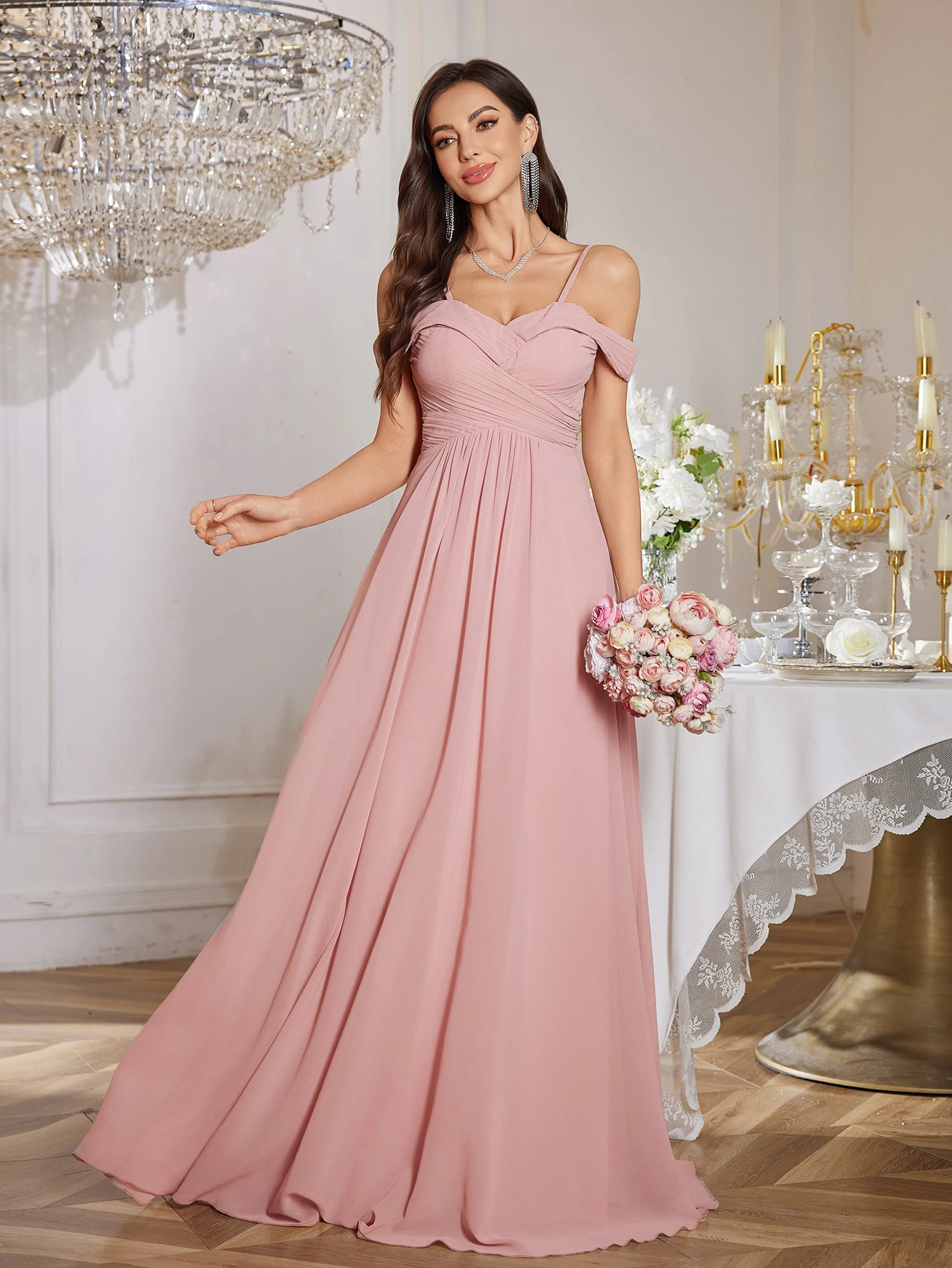 UNITHORSE Abito longuette elegante senza spalline in puro colore con orlo arricciato e vita incrociata per damigelle d'onore