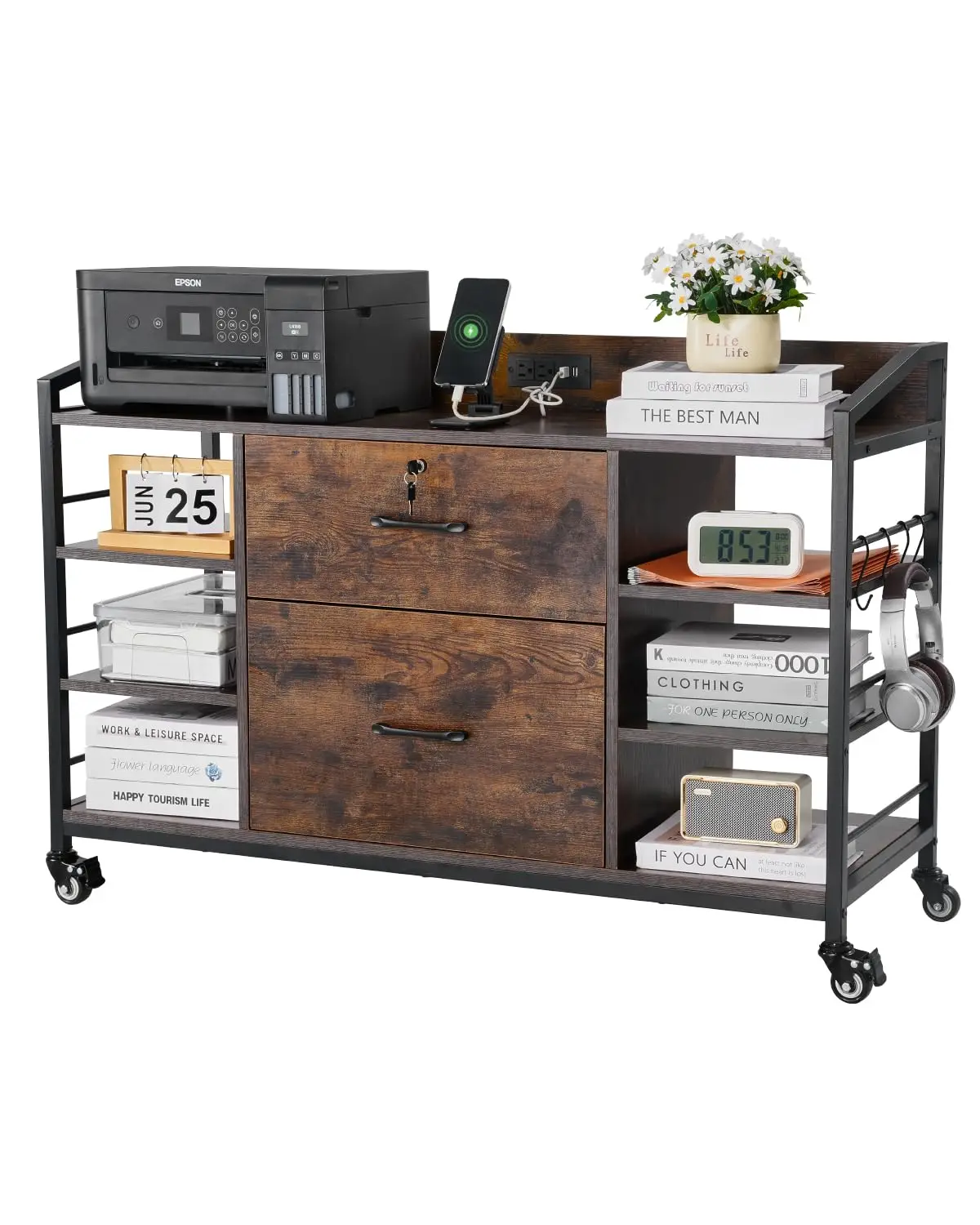 Metal File Cabinet 2 Drawers With Lock & 6 Shelves, Lateral Filing Storage With Power Strip For Letter A4 Legal Size, Customized