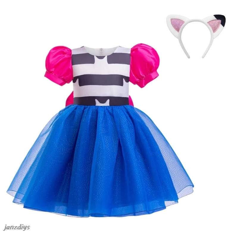 Kids Girls Gabby Cosplay Dollhouse Princess Dress Children Puff Sleeve Bow Tulle Dress+Cat Headband For Halloween Birthday Gown