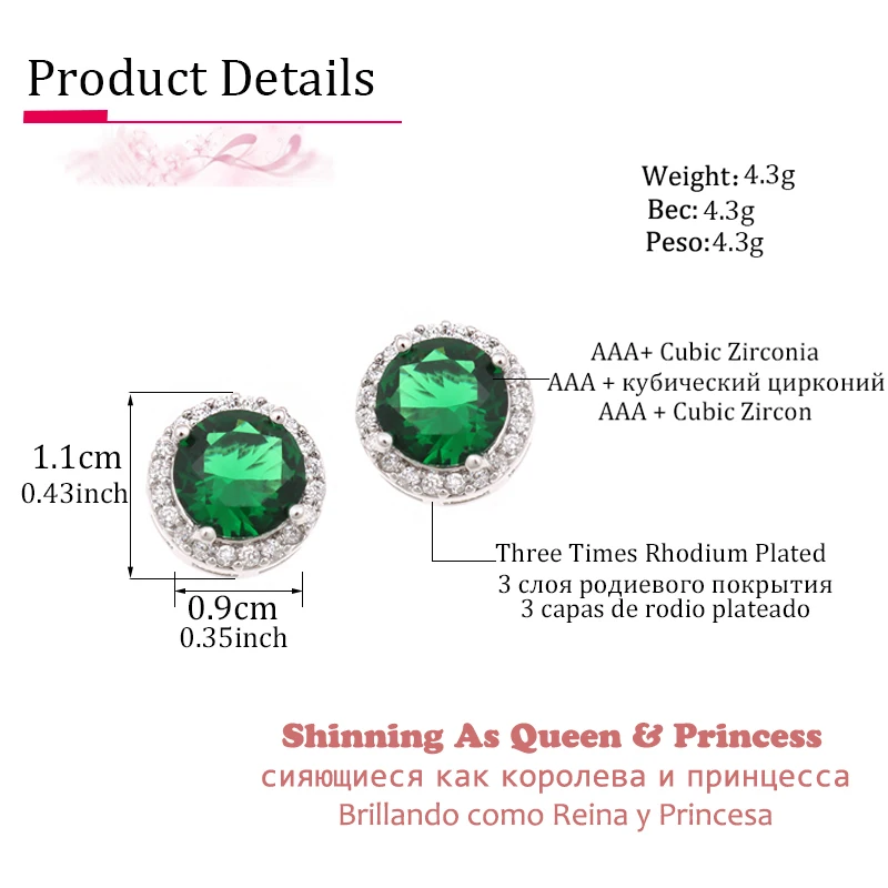 LXOEN Fashion Round Zircon Women Stud Earrings With Green Stone Silver Color Studs Ear Girl Druzy Earrings Jewelry brinco Gift