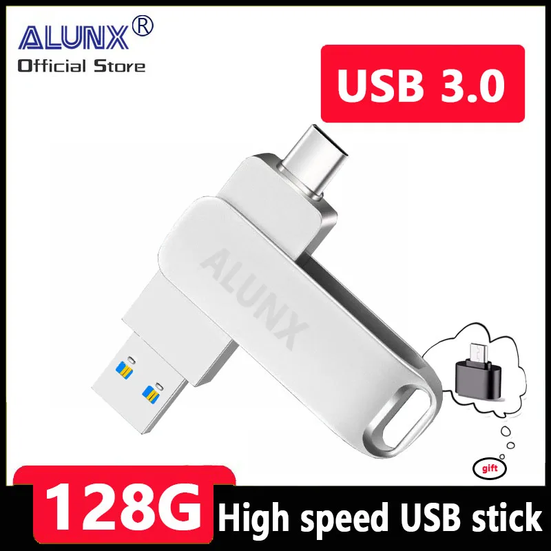 ALUNX 100% 정품 펜드라이브 OTG 타입 C USB 3.0, 512Gb, 32Gb, 64Gb 금속 USB 플래시 드라이브, 128Gb 펜 드라이브, 256 Gb, 8Gb USB 스틱, 16 Gb