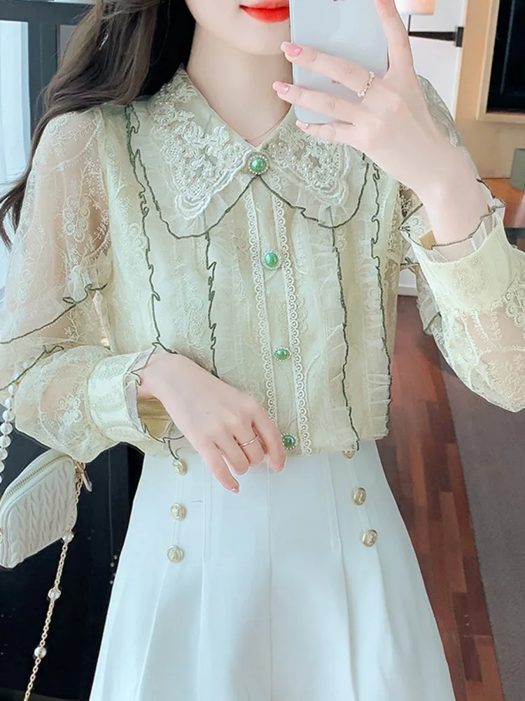 #2597 Vintage Chiffon Womens Tops And Blouses Perspective Long Sleeve Split Joint Ruffles Ladies Blouses France Style Spring