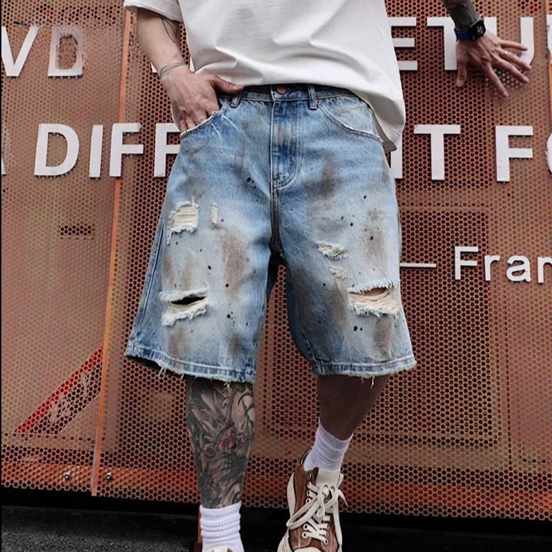 American-style Trendy Ripped Denim Shorts for Men, 2026 Summer New Loose Versatile Pure Cotton Casual Five-point Pants