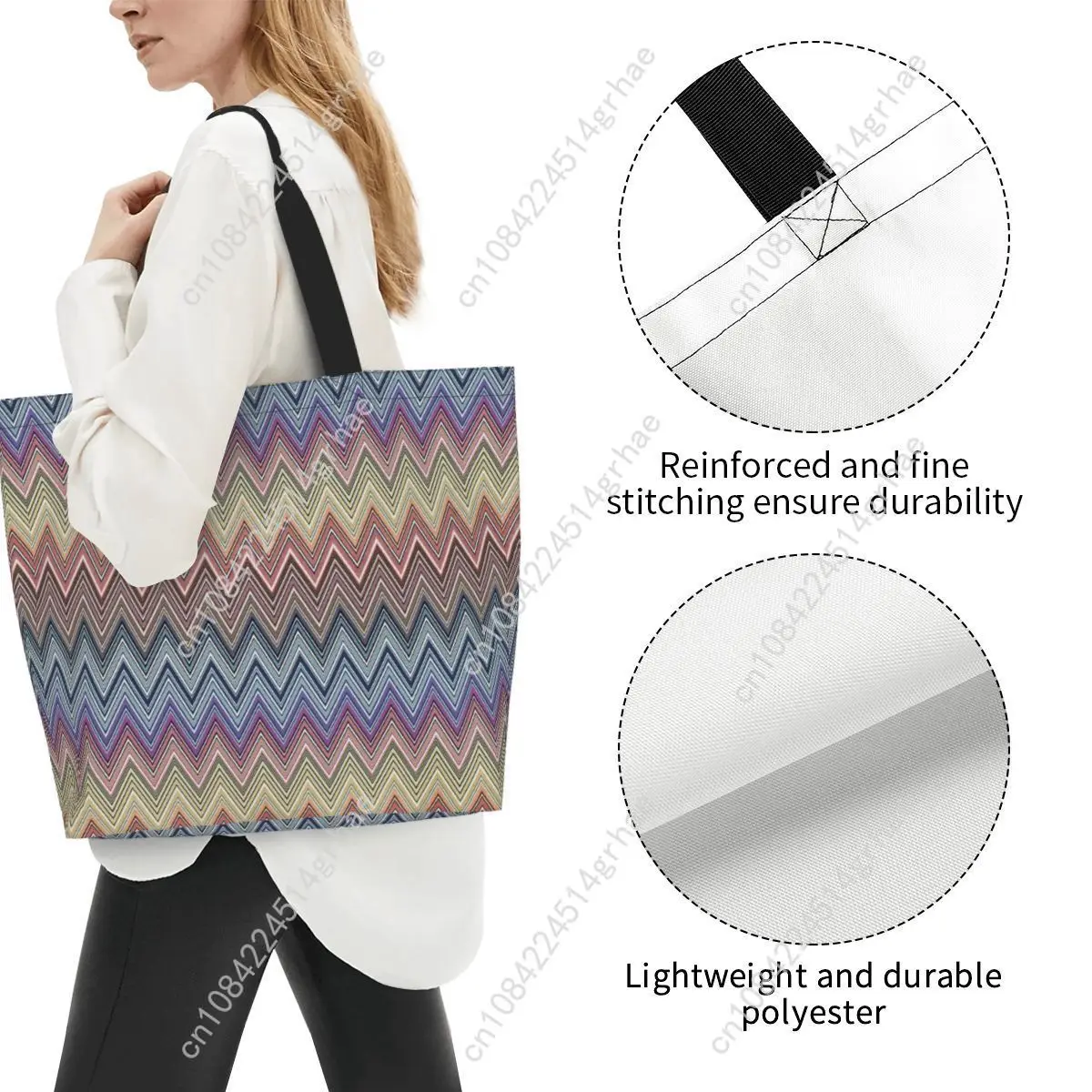 Picture 4: Custom Colorful Home Zig Zag Pattern Shopping Tote Bag Recycling Bohemian Geometric Zigzag Canvas Groceries Shoulder Shopper Bag