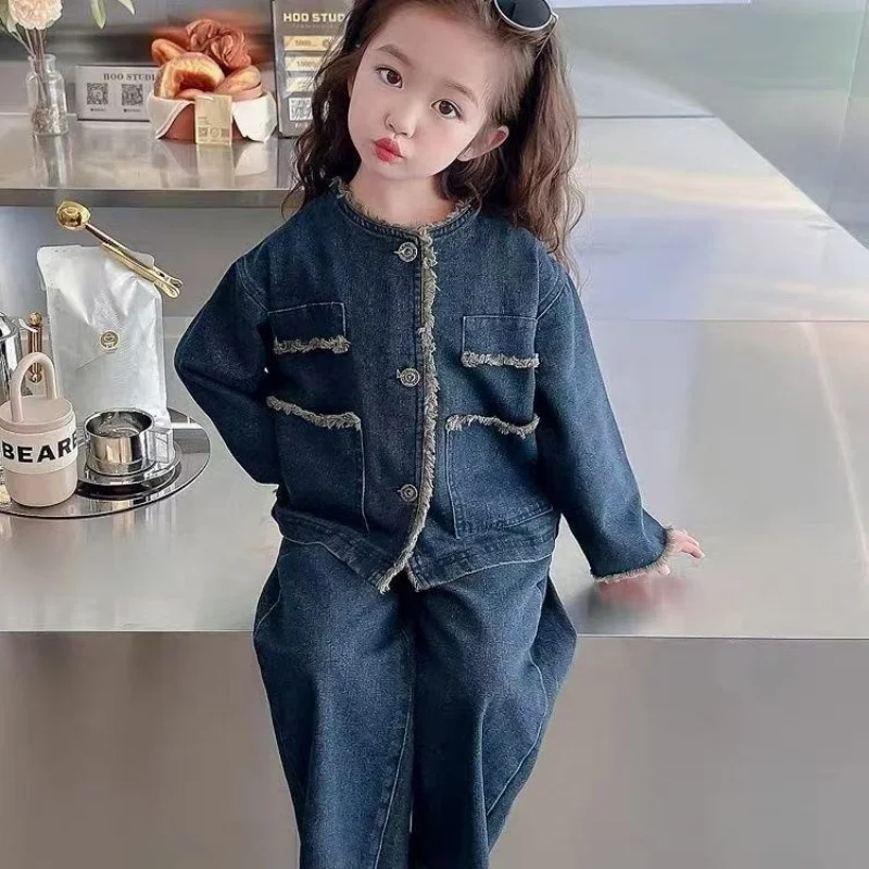 

Girls' Spring and Autumn Cowboy Set 2025 New Fashionable and Western Style Girl Baby Cowboy Jacket and Two Piece Jeans Set