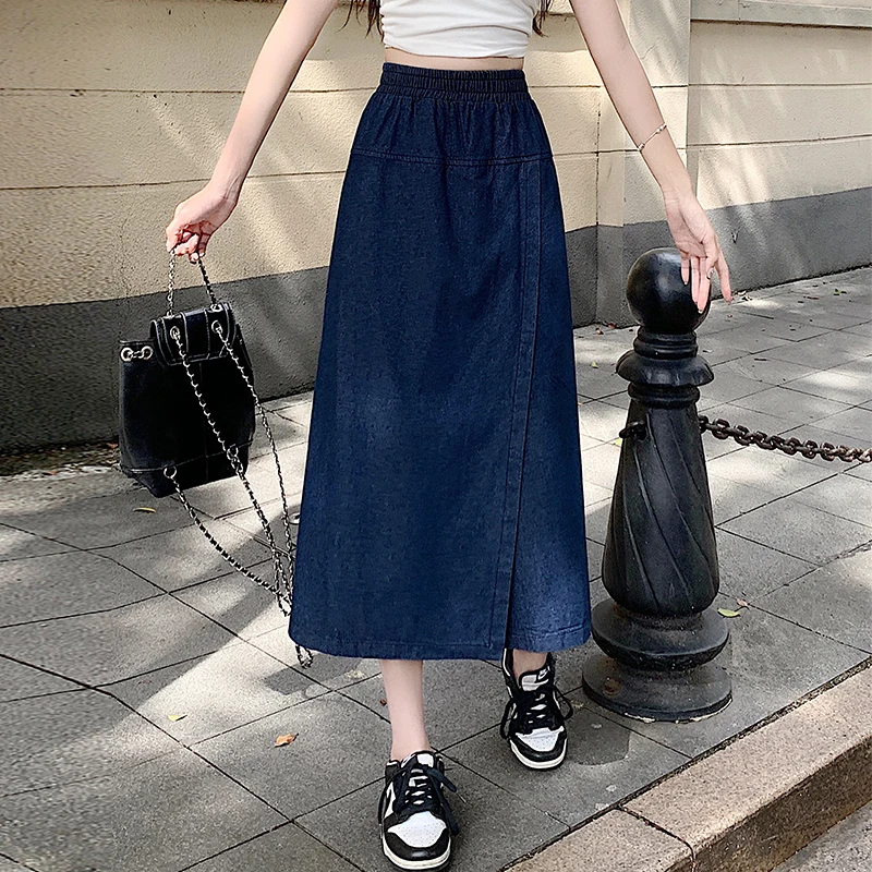 2024 New Arrival Summer Autumn Casual Loose Fit A-line High Waist Mid-calf Skirt Split Devise Cotton Denim Women Skirts V105