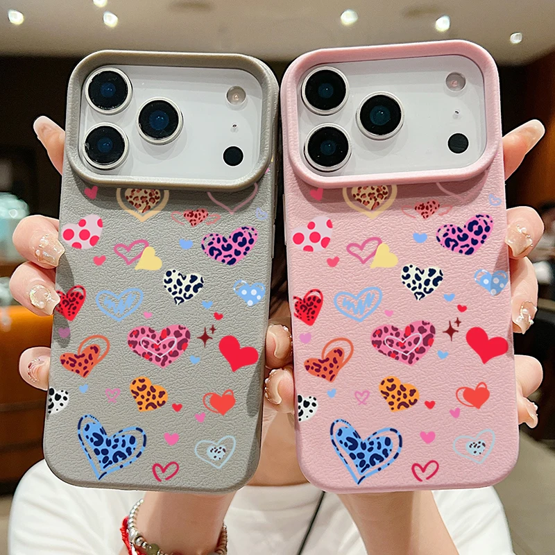 Love Heart Print Silicone Phone Case For iPhone 17e 17 Pro Max 16 15 14 13 Pro Max 16e Shockproof Soft TPU Leather Texture Cover