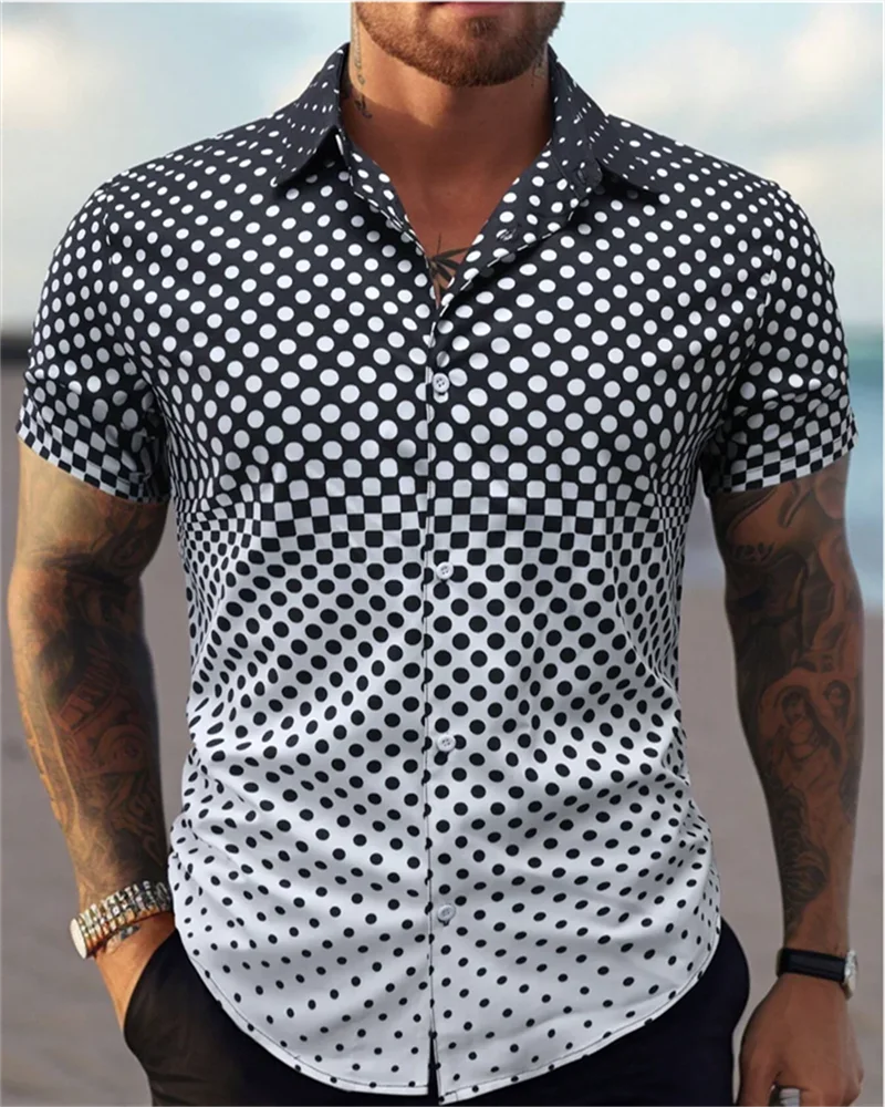 Men\'s shirt Color Block 3D printed button-down short sleeve shirt Large size high quality Hawaiian beach shirt top