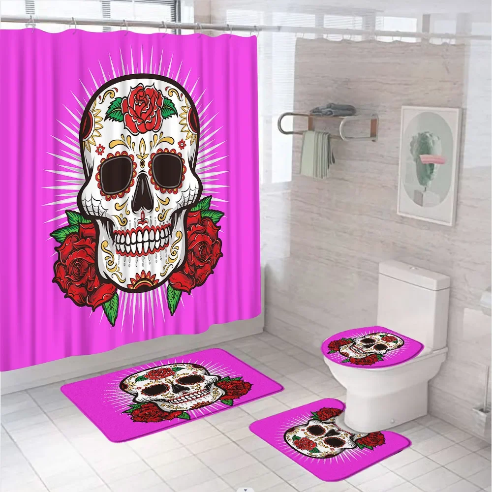 

Halloween Skull Shower Curtain Set Sugar Rose Flowers Skeleton All Saints Day Bath Curtains Bathroom Mat Rug Carpet Toilet Cover