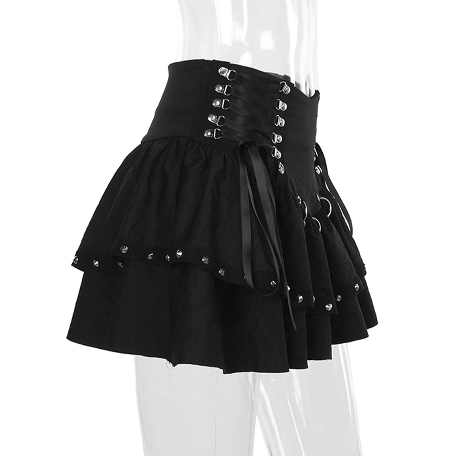 

Womens Gothic Lolita Miniskirt Ring Rivets Side Lace-up High Waist Skirt Steampunk A-line Skirt for Medieval Theme Cosplay Party