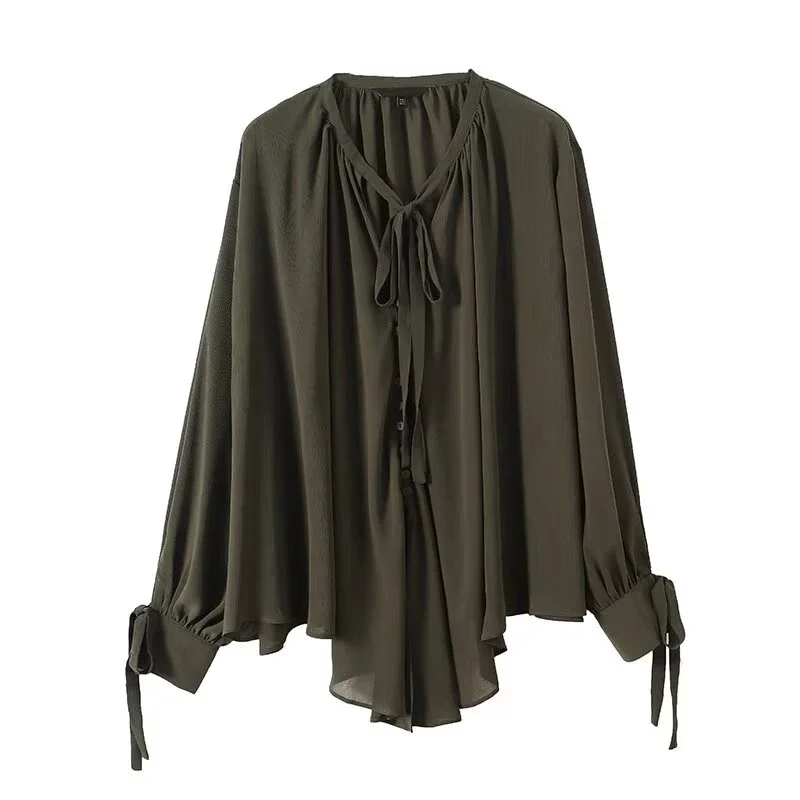 

2025 Women Dark Green Loose Shirt French Style Design And Temperament Bow Tie Long Sleeved Shirts Autumn Tops
