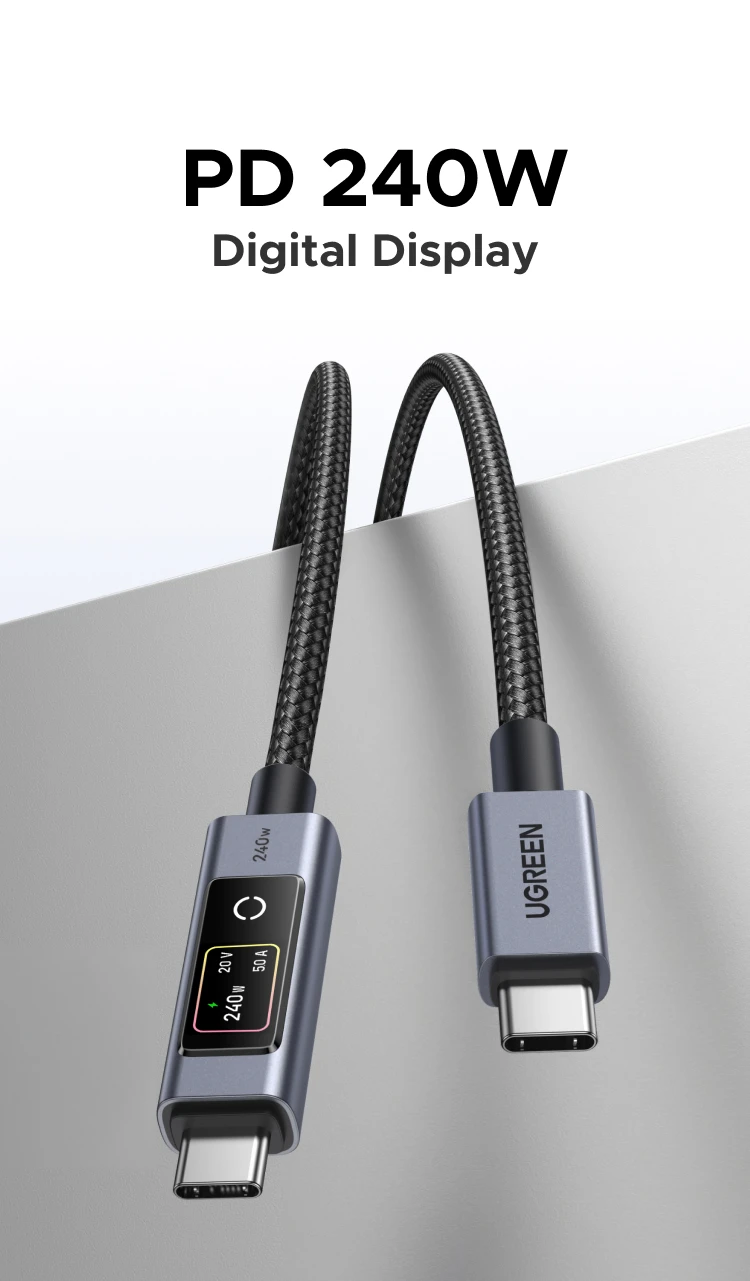 UGREEN PD240W USB-C to USB-C Cable with TFT Smart Display Nylon braided Aluminum 480Mbps for iPhone MacBook Galaxy Pixel XPS