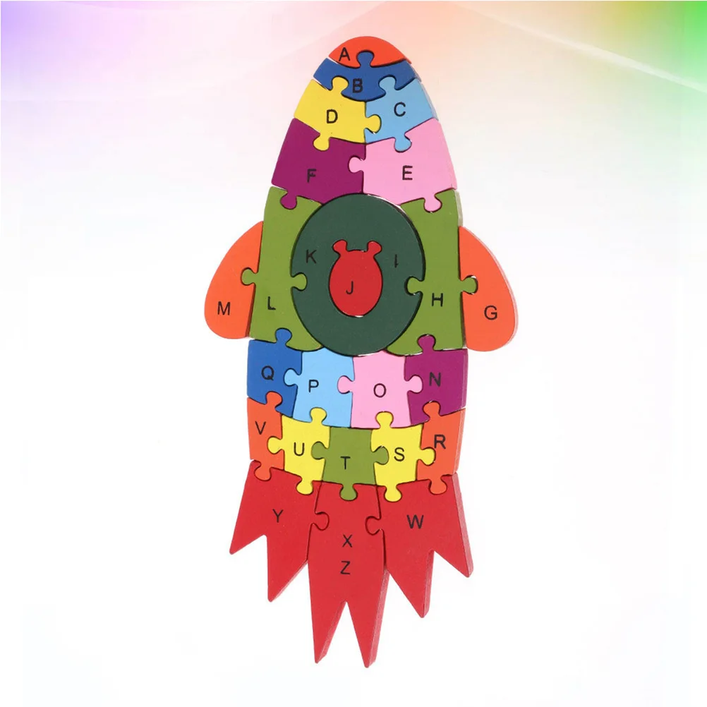3D Wooden Rocket Puzzle 26 English Letters Educational Brain Games for Kids Creativity Color Recognition Wood Blocks
