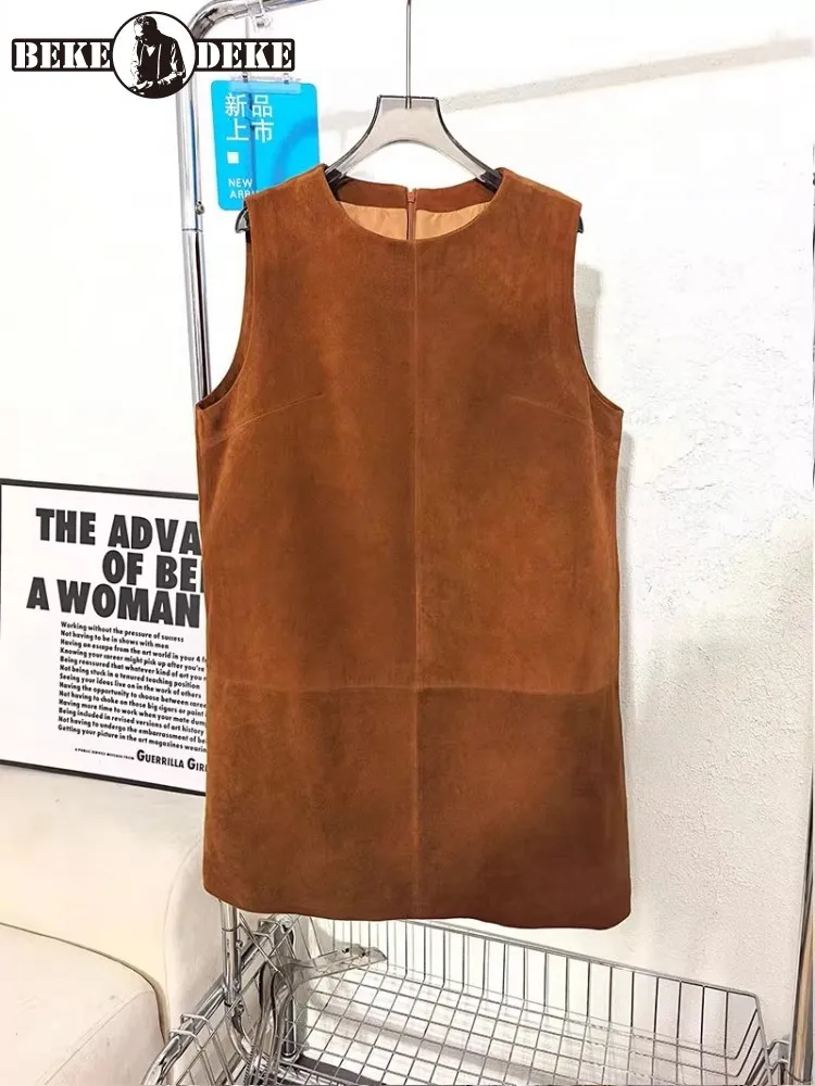 Vrouwen lederen jurk casual mouwloze O-hals suède schapenvacht korte jurken losse pasvorm mode dames trui tankjurk