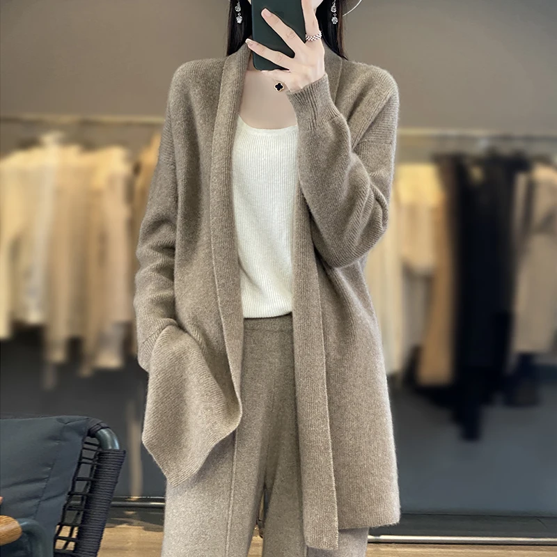 Autumn And Winter New Female V-Neck Sweater 100% Pure Wool Knit Cardigan Long Solid Color Cashmere Sweater