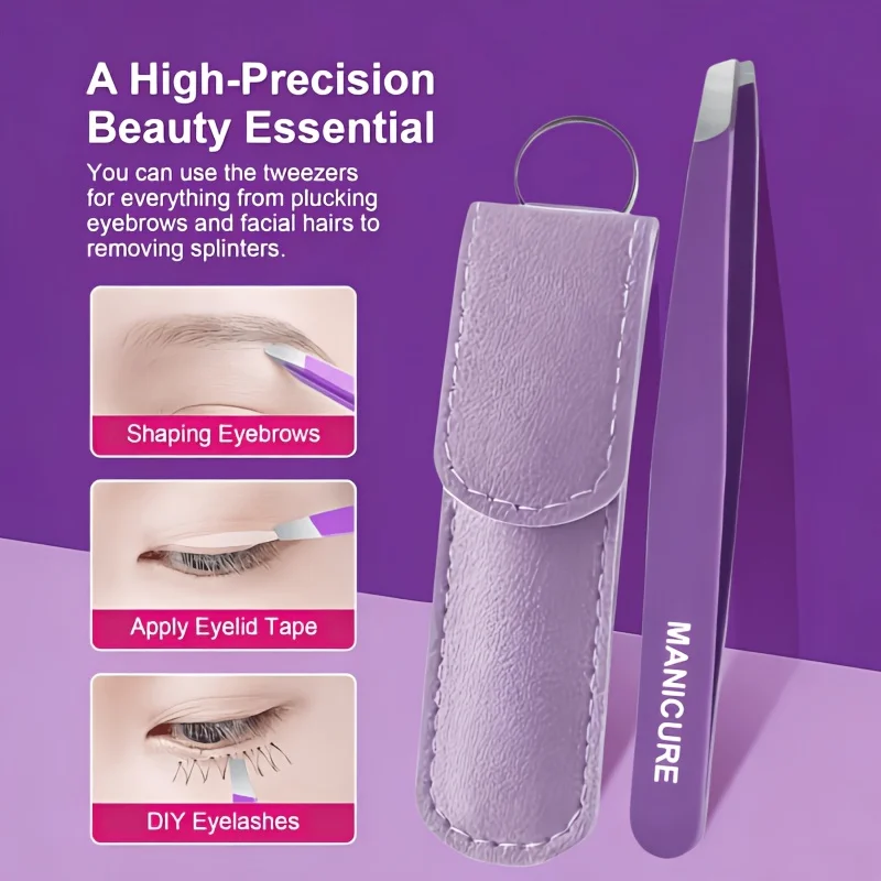 1pc Purple Slant Tip Eyebrow Tweezers with Pouch, Precision Stainless Steel Material, Hair Removal Brow Forceps, Eyebrow Tweezer