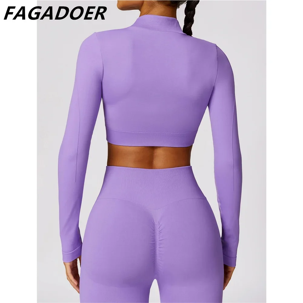 FAGADOER High Quality Sport 2 Piece Sets Zip Outfits Women Long Sleeve Stretchy Crop Top Flare Pants Tracksuits Activewear