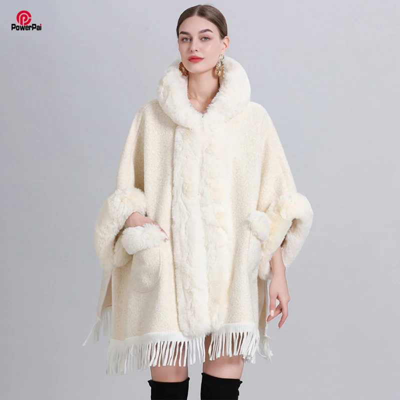 

Elegant Fashion Faux Rex Rabbit Fur Overcoat Long Thicken Lining Wool Batwing Coat Women Winter Fall Cape Bright Yarn Hood