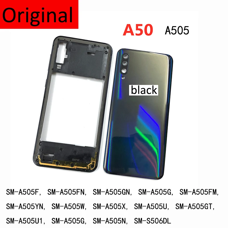 

Оригинальный чехол для Samsung Galaxy A50 2019 A505 A505F A505DS, корпус, средняя рамка, крышка батареи, задняя крышка, объектив камеры