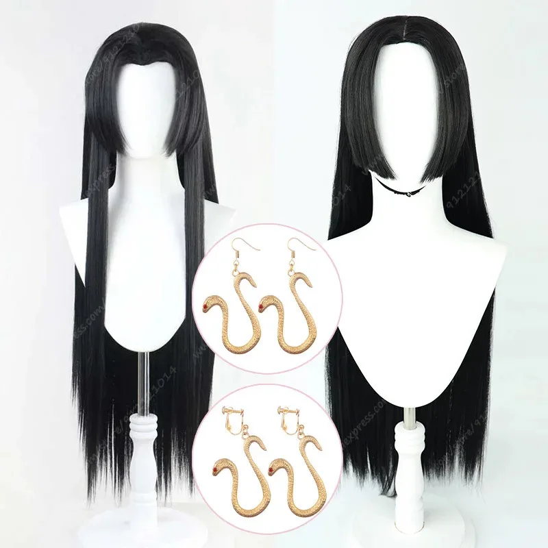 بوا هانكوك شعر مستعار تأثيري أنيمي بوا هانكوكو تأثيري على غرار شعر مستعار أسود طويل مع أقراط مقاومة للحرارة الشعر الاصطناعية + غطاء شعر مستعار #1