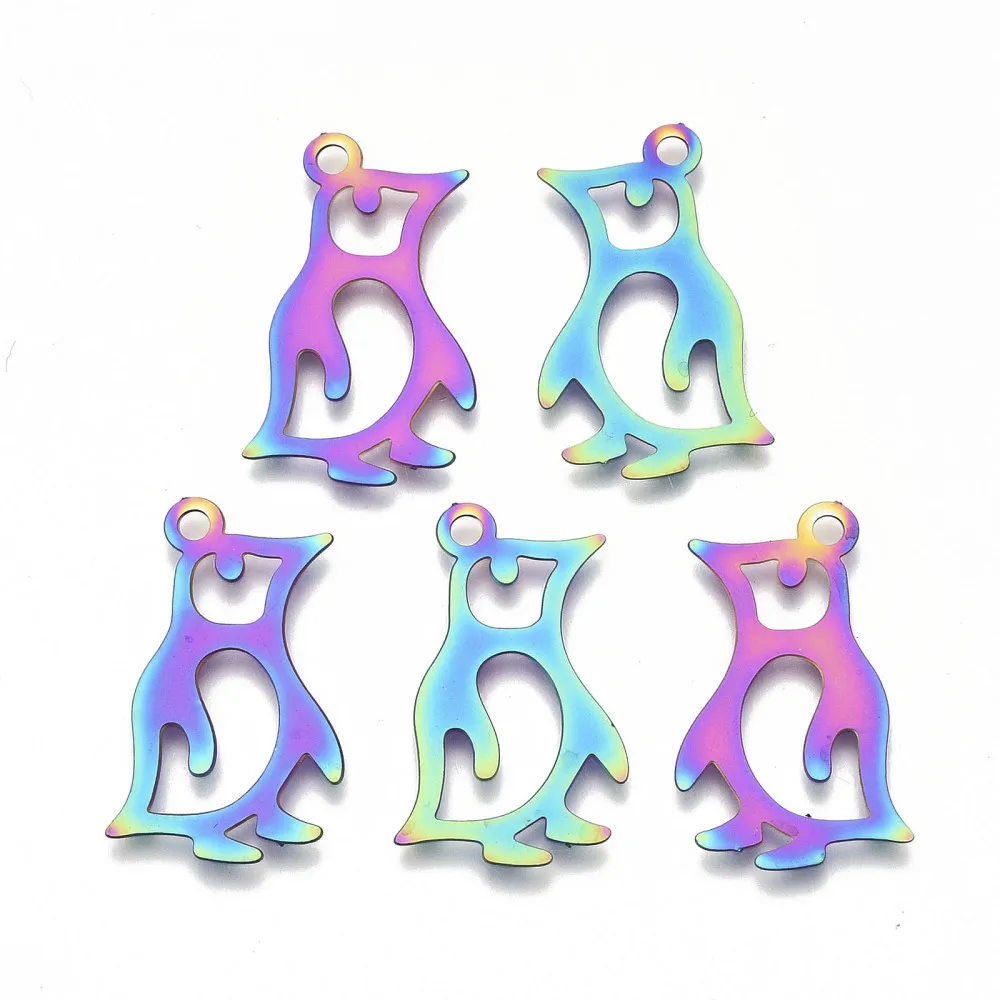 5Pcs Jewelry Making Charms 201 Stainless Steel Pendants Etched Metal Embellishments Penguin Rainbow Color for Women DIY Necklace