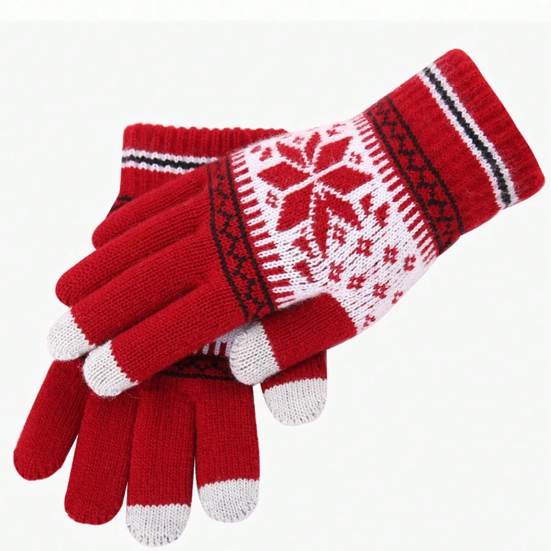 Вязаные перчатки с сенсорным экраном, узор снежинки, толстые теплые вязаные зимние перчатки с полным пальцем для мужчин и женщин, перчатки для пар