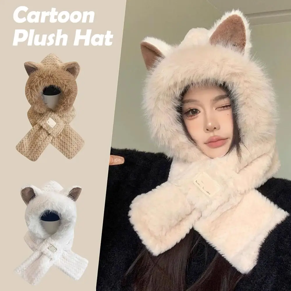 Cute Fluffy Hat Scarf Set for Girls Winter Warmth Thickened One-Piece Ear Protection Cap Integrated Mask for Cycling Outdoor
