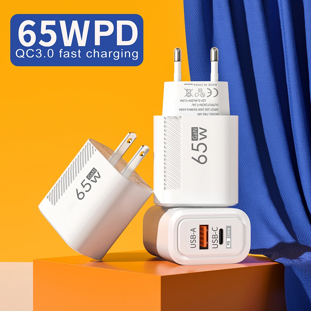 PD 65W USB C Charger 3.0 GaN Charger Type C Power Adapter With 2-Port Fast Wall Charger Compatible for iPhone Samung EU US Plug