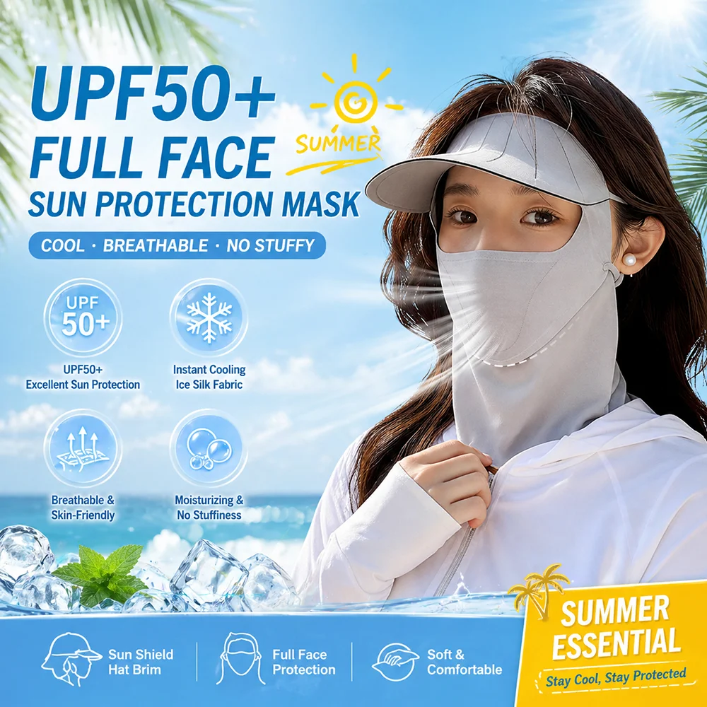 

Ice Silk Full Face Sun Protection Mask Breathable Cooling UV Protection Visor Hat Summer Face Cover Neck Shield Lightweight