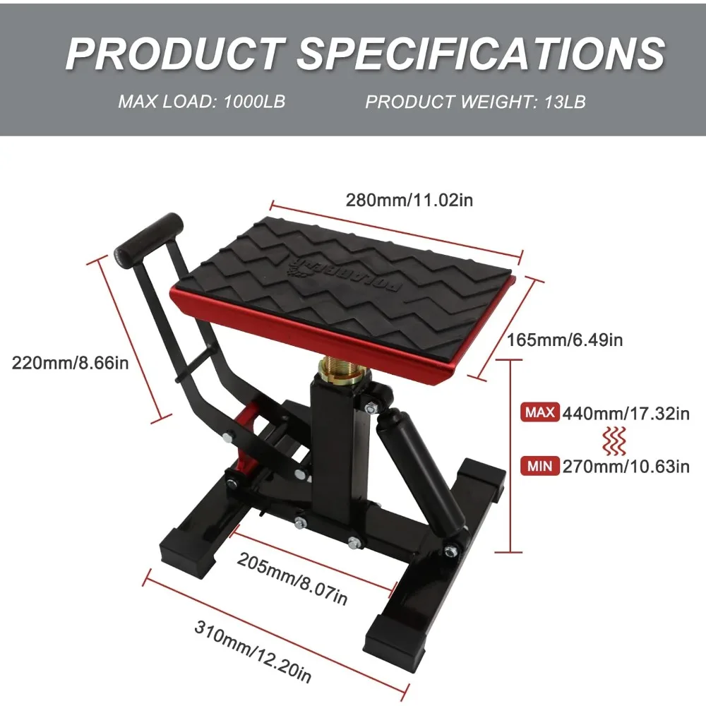 Hydraulic Motorcycle Lift Stand - Portable Aluminum Low Profile Jack with 1200 lbs Capacity for Pit Bikes