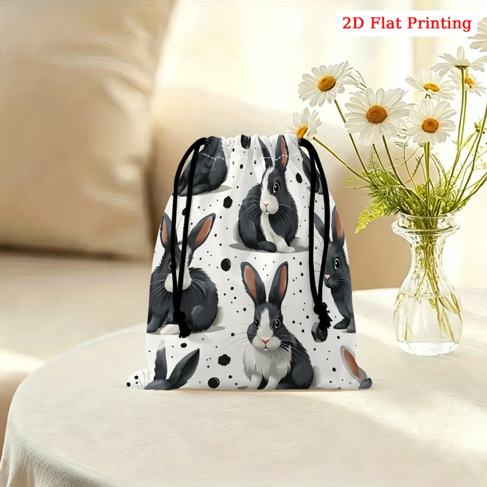 1pc Cute Rabbit Print Drawstring Bag White Black Polka Dot Storage Small Pouch For Cosmetics Glasses Accessories Travel Organize