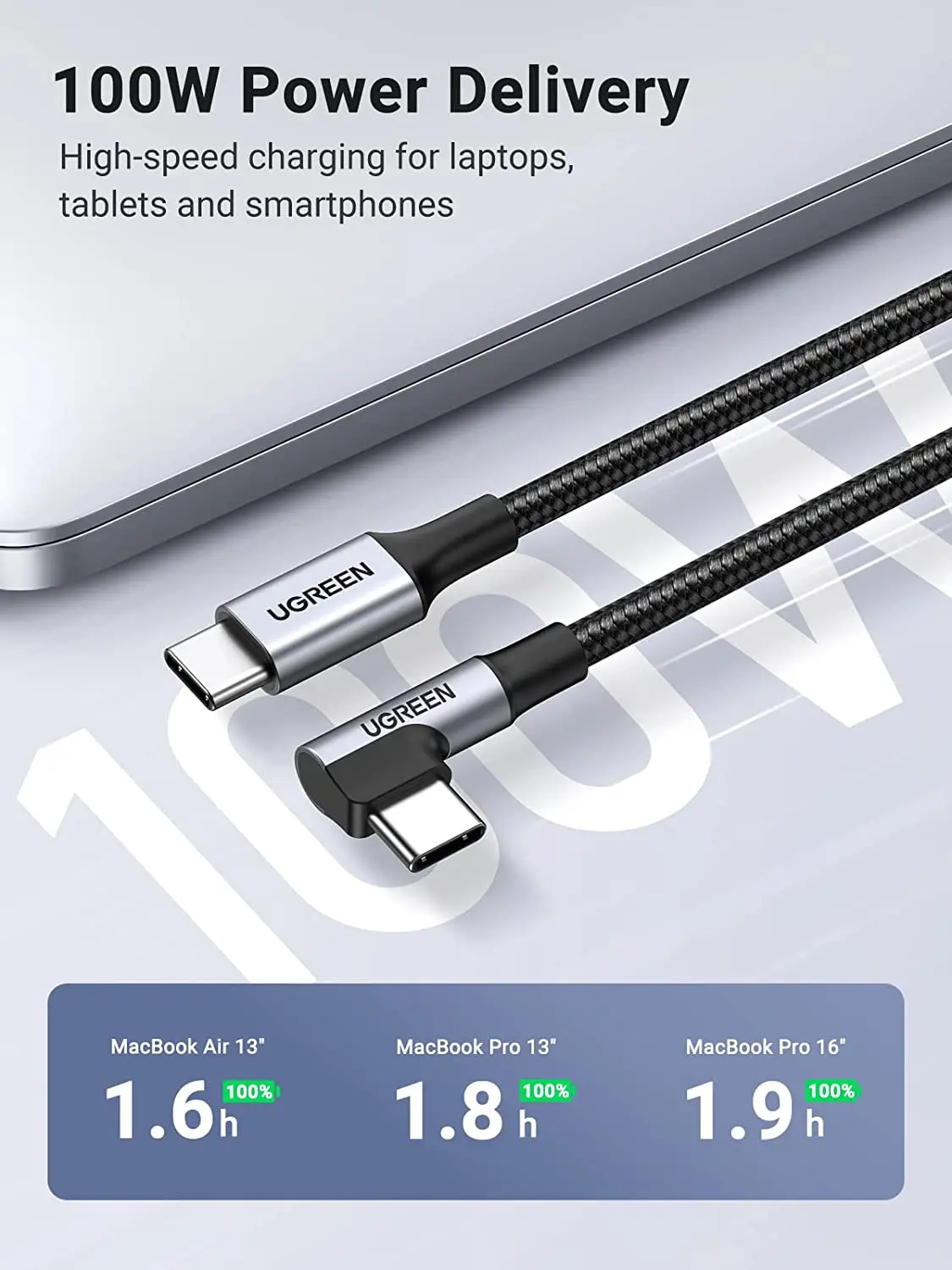 UGREEN USB C a USB C Cable 100W Tipo C Cargador Cable de carga rápida Ángulo recto 1M 2M